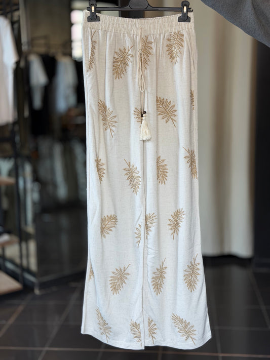 Pantalone a palazzo sabbia con foglie oro e con coulisse in vita in taglia unica 2475