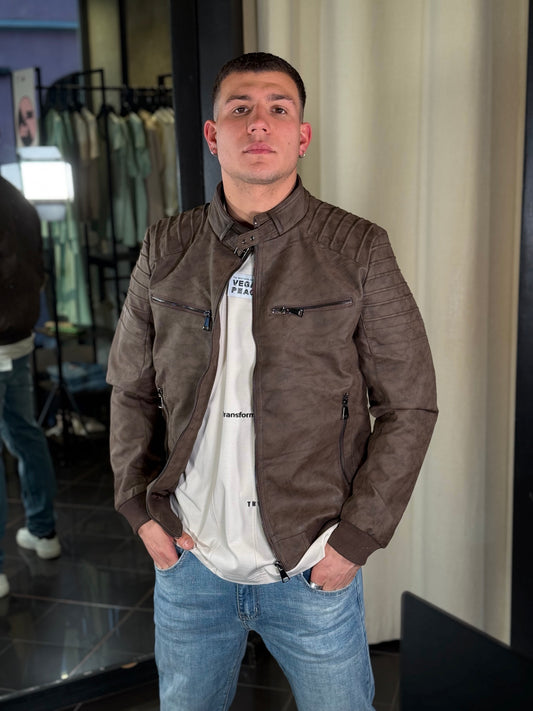 Giubbino a bomber in similpelle marrone 366
