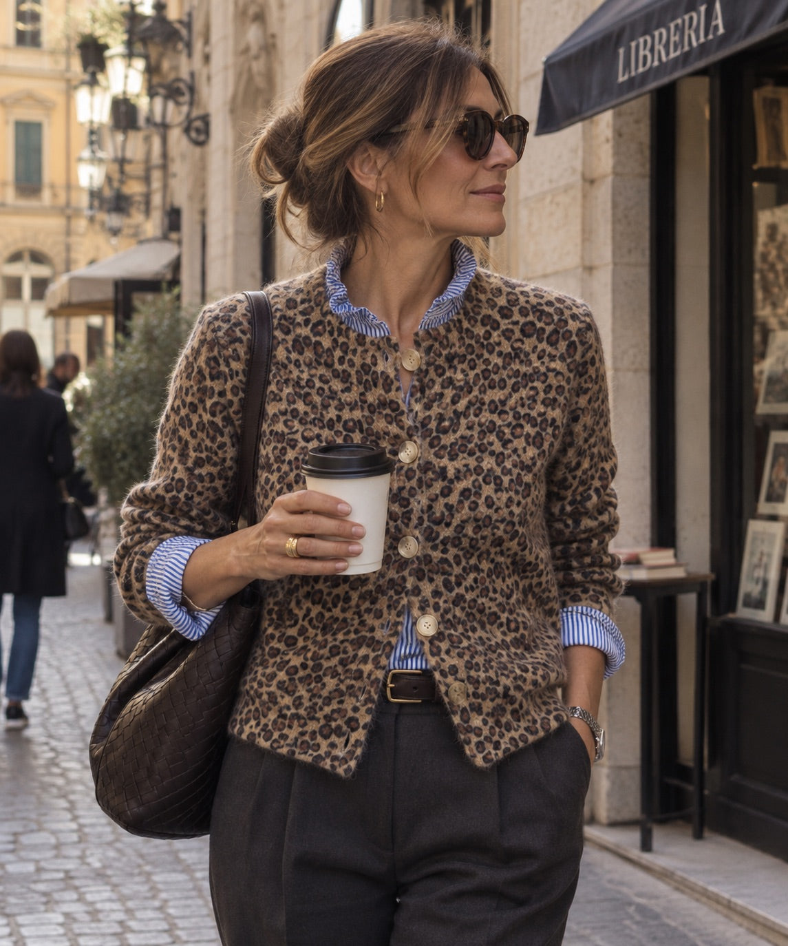 Cardigan leopardato con applicazione camicia a righe in taglia unica
