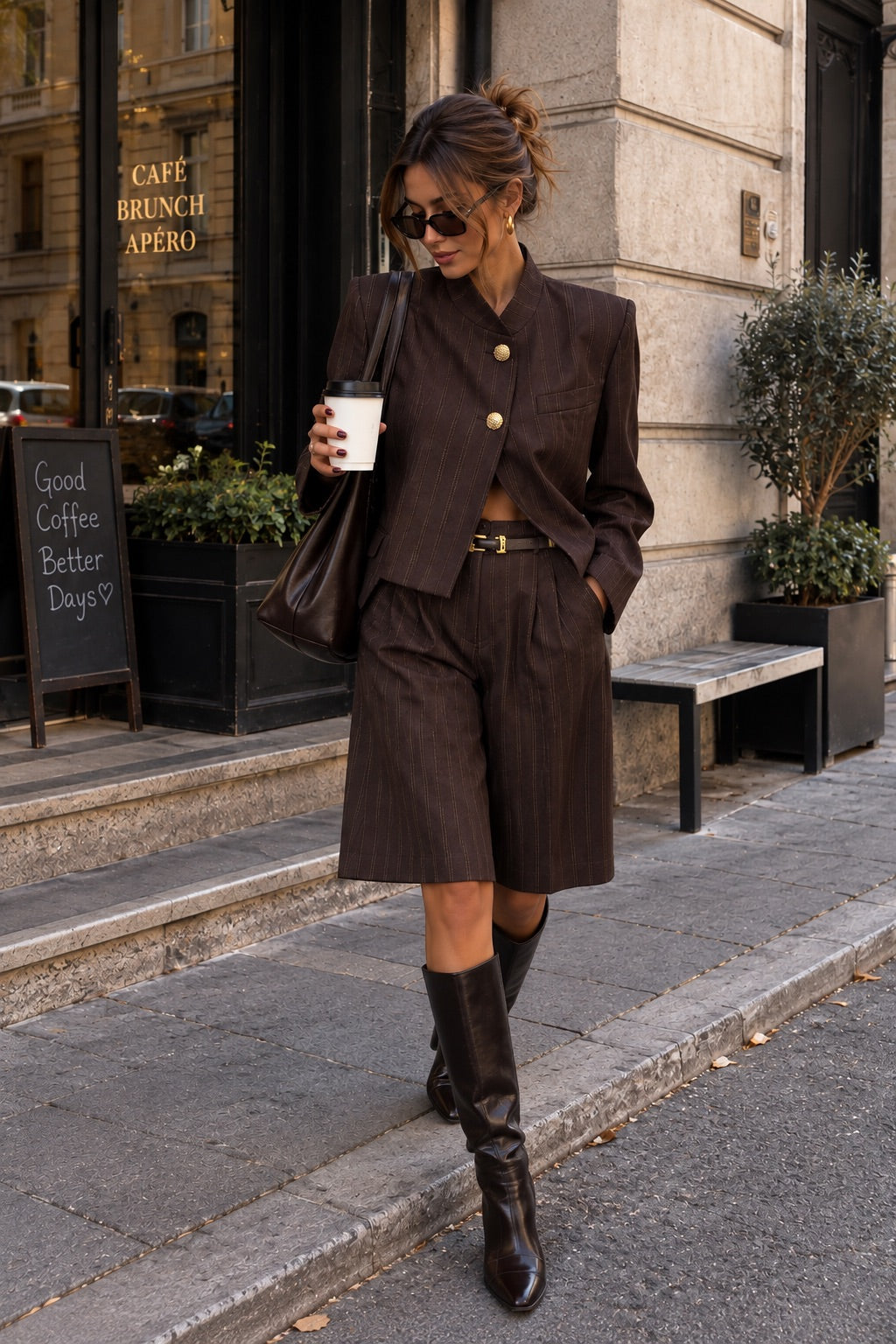 Giacca crop con chiusura laterale marrone gessato