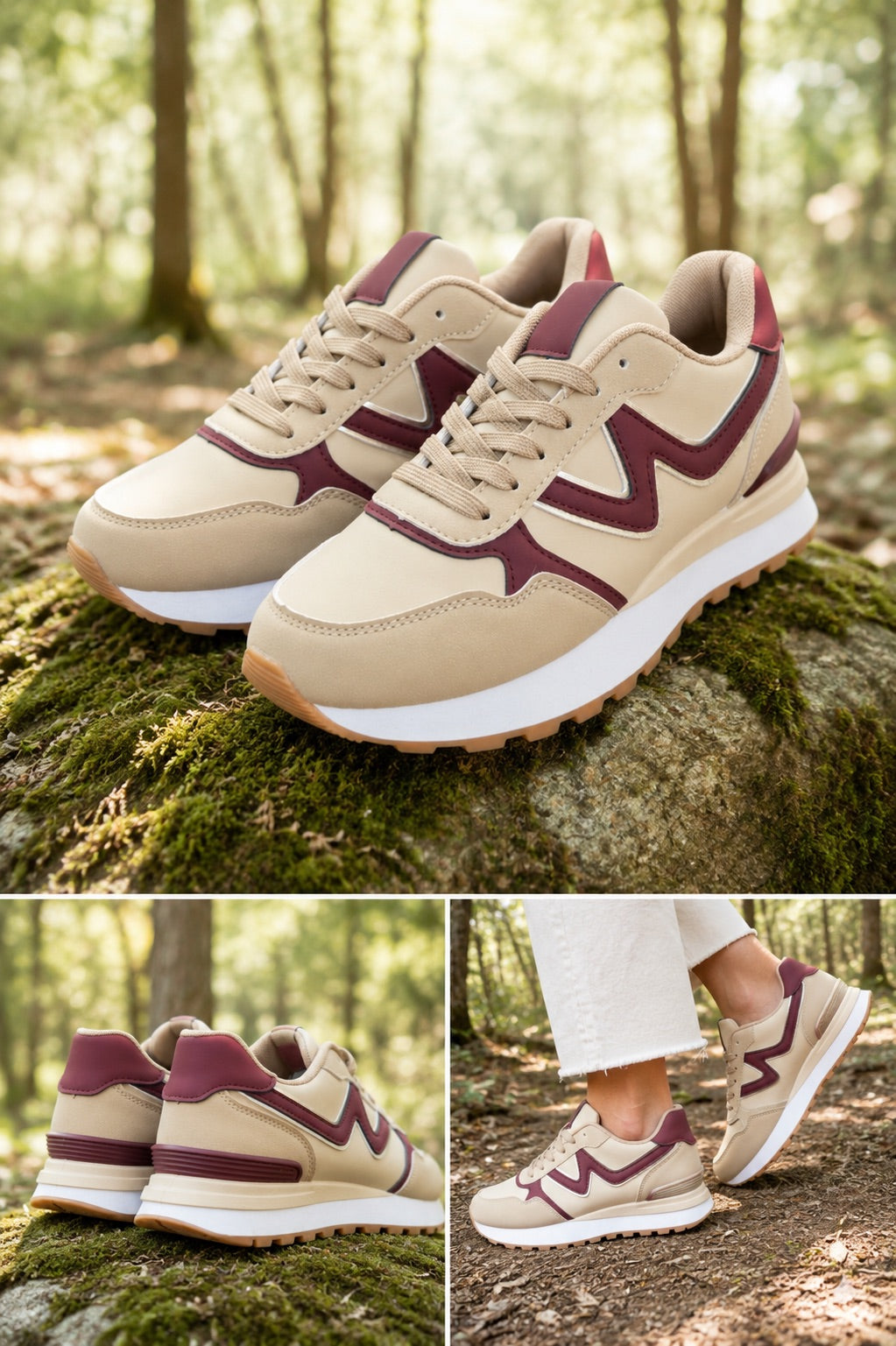 Sneakers in similpelle beige e bordeaux