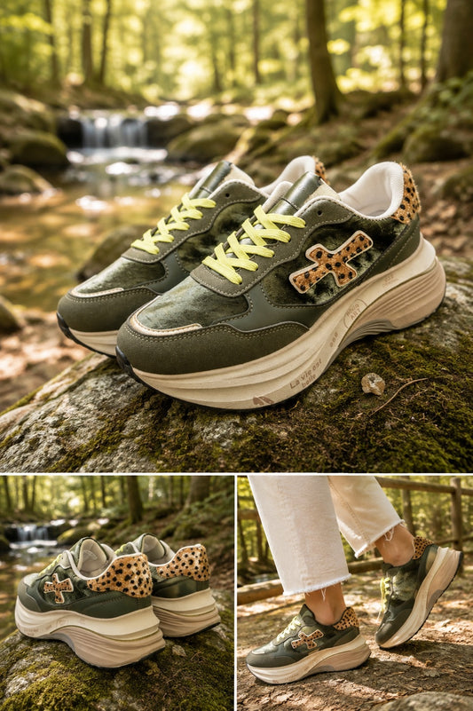 Sneakers effetto velluto verde e inserti leopardati