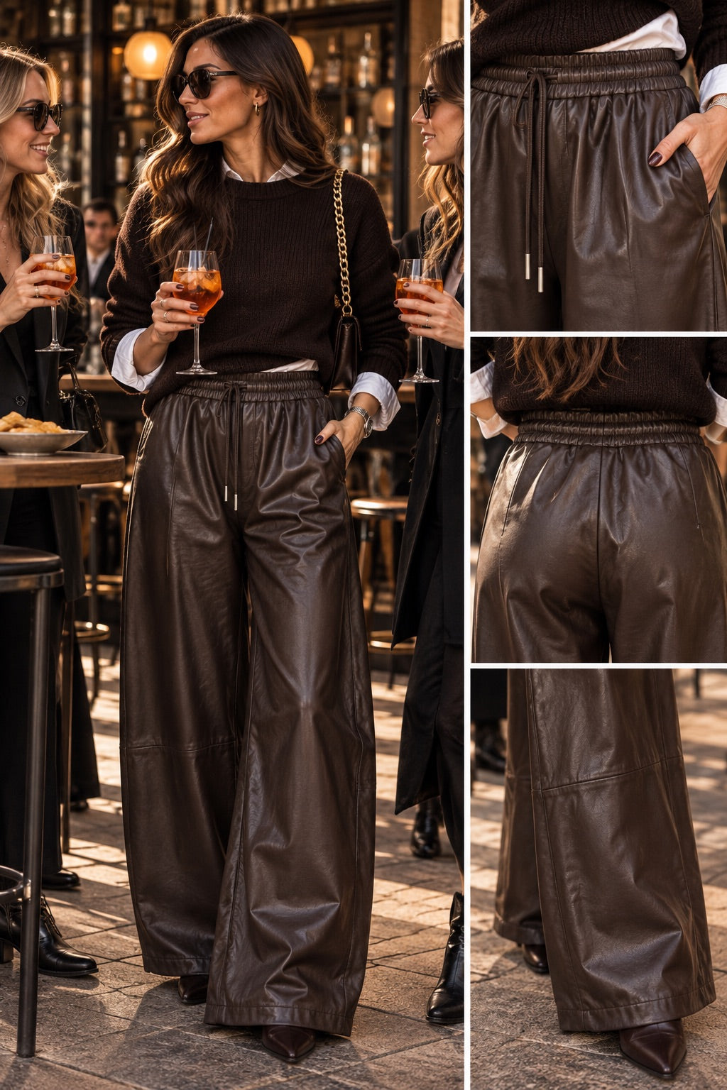 Pantalone in similpelle marrone con coulisse in vita