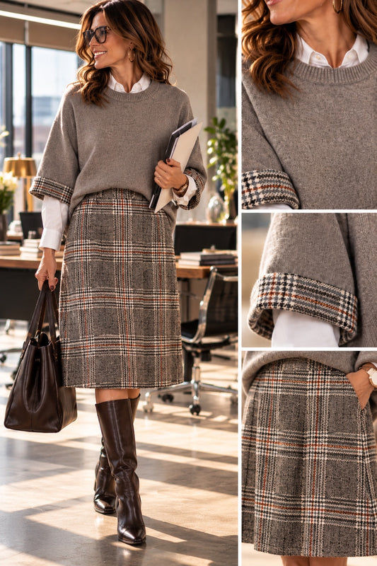 Completo Maglioncino con maniche ampie + Gonna midi scozzese beige in taglia unica