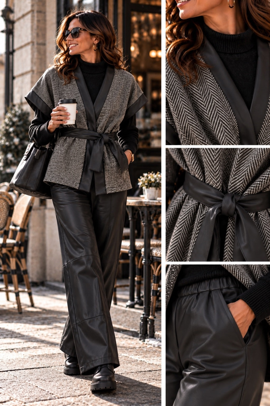 Completo Gilet, maglioncino a lupetto e pantalone in similpelle nero in taglia unica