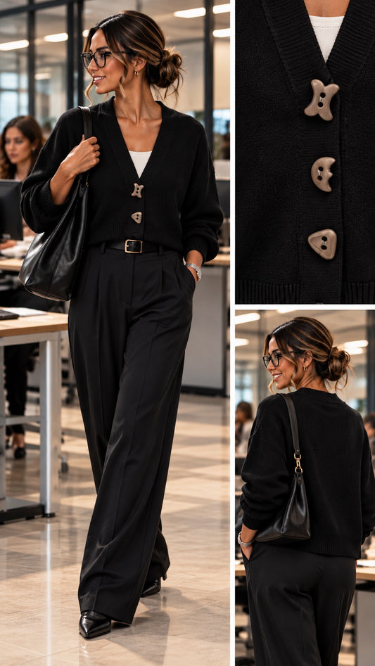 Cardigan nero con bottoni geometrici in taglia unica