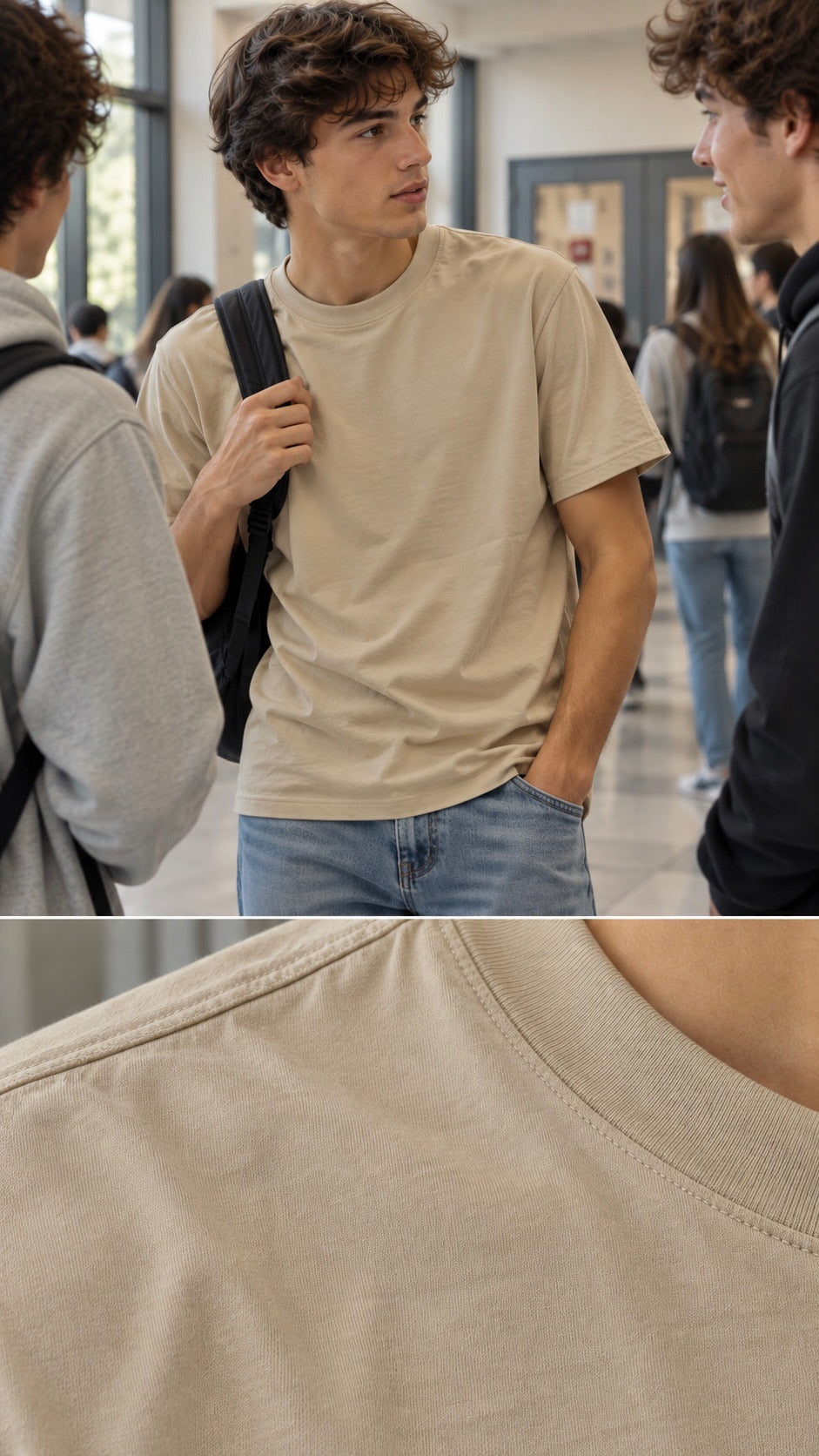 T-shirt beige basica in cotone rasato