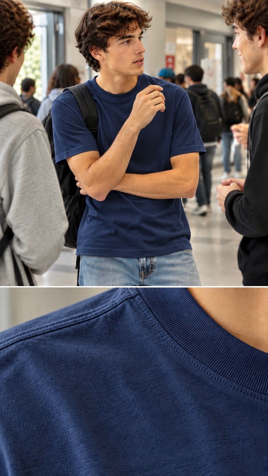 T-shirt blu basica in cotone rasato