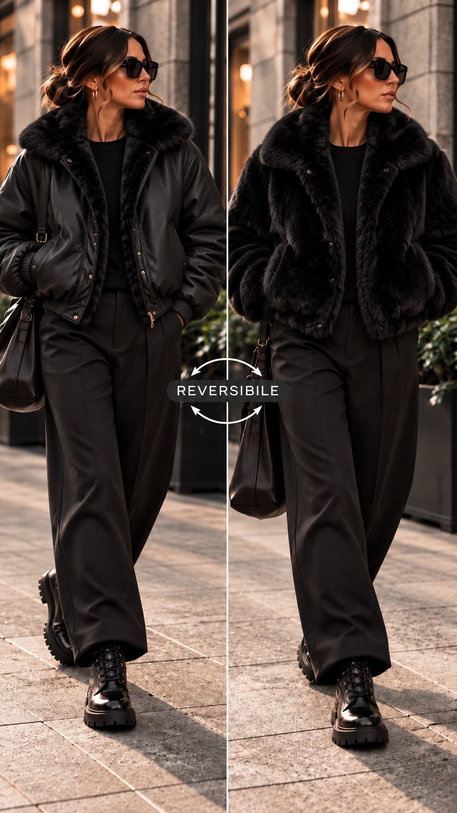 Bomber nero in similpelle con eco-pelliccia reversibile in taglia unica