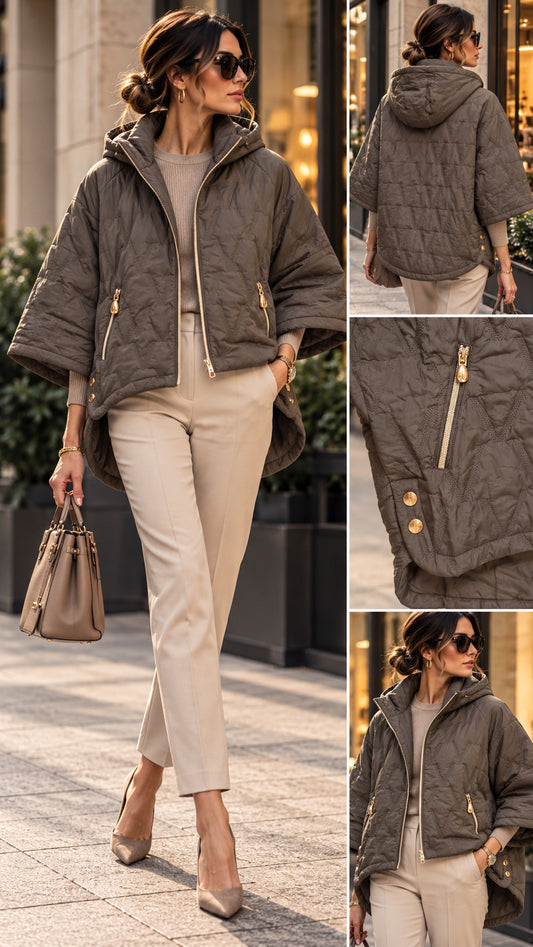 Piumino 100 grammi marrone a trapezio oversize con cappuccio