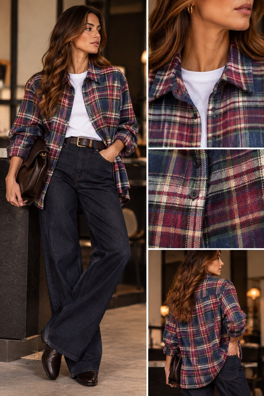 Camicia scozzese effetto flanella blu e bordeaux in taglia unica