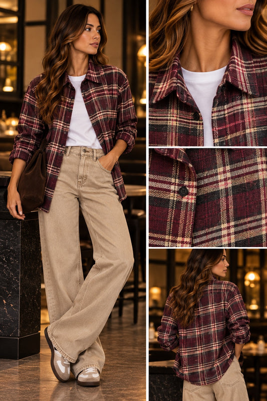 Camicia scozzese effetto borgogna e beige in taglia unica