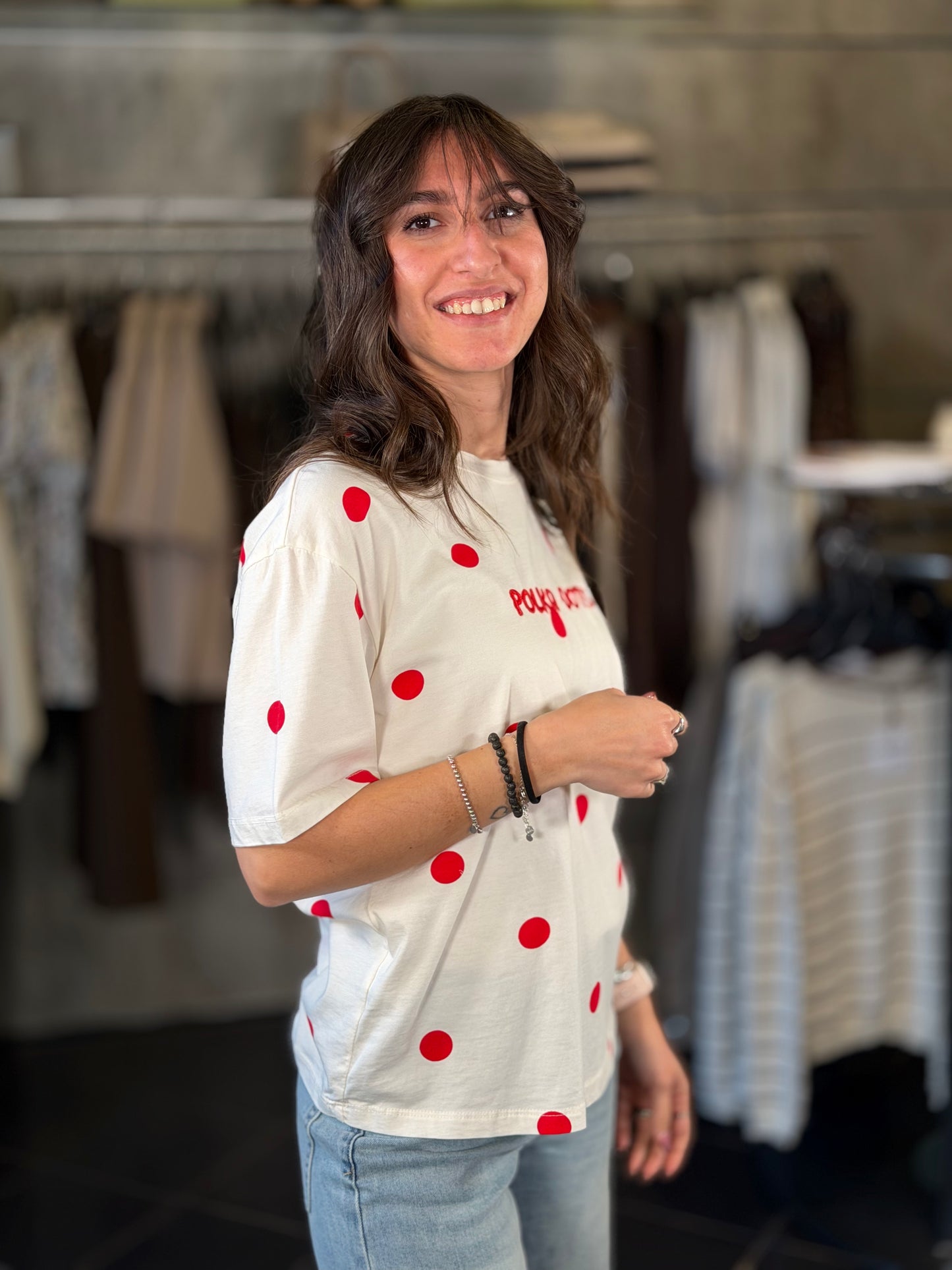 T-shirt bianca a pois rossi in taglia unica 2236