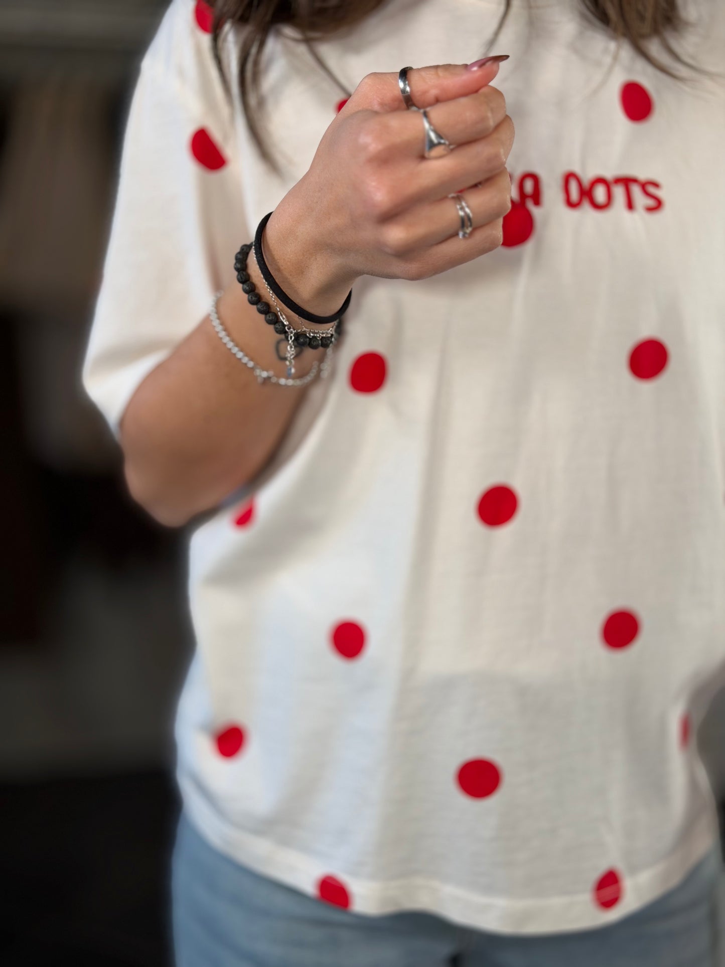 T-shirt bianca a pois rossi in taglia unica 2236