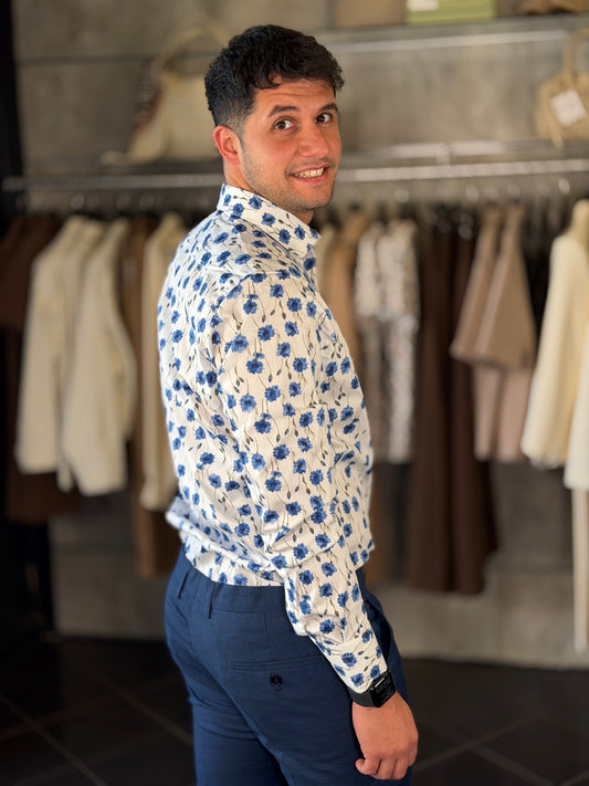 Camicia bianca con stampa fiore bluette 2276