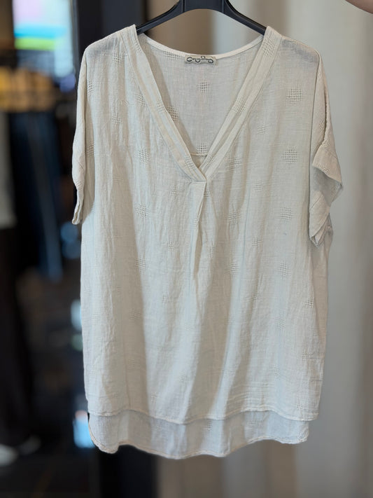 Blusa oversize misto lino con scollo a V sabbia in taglia unica 2811